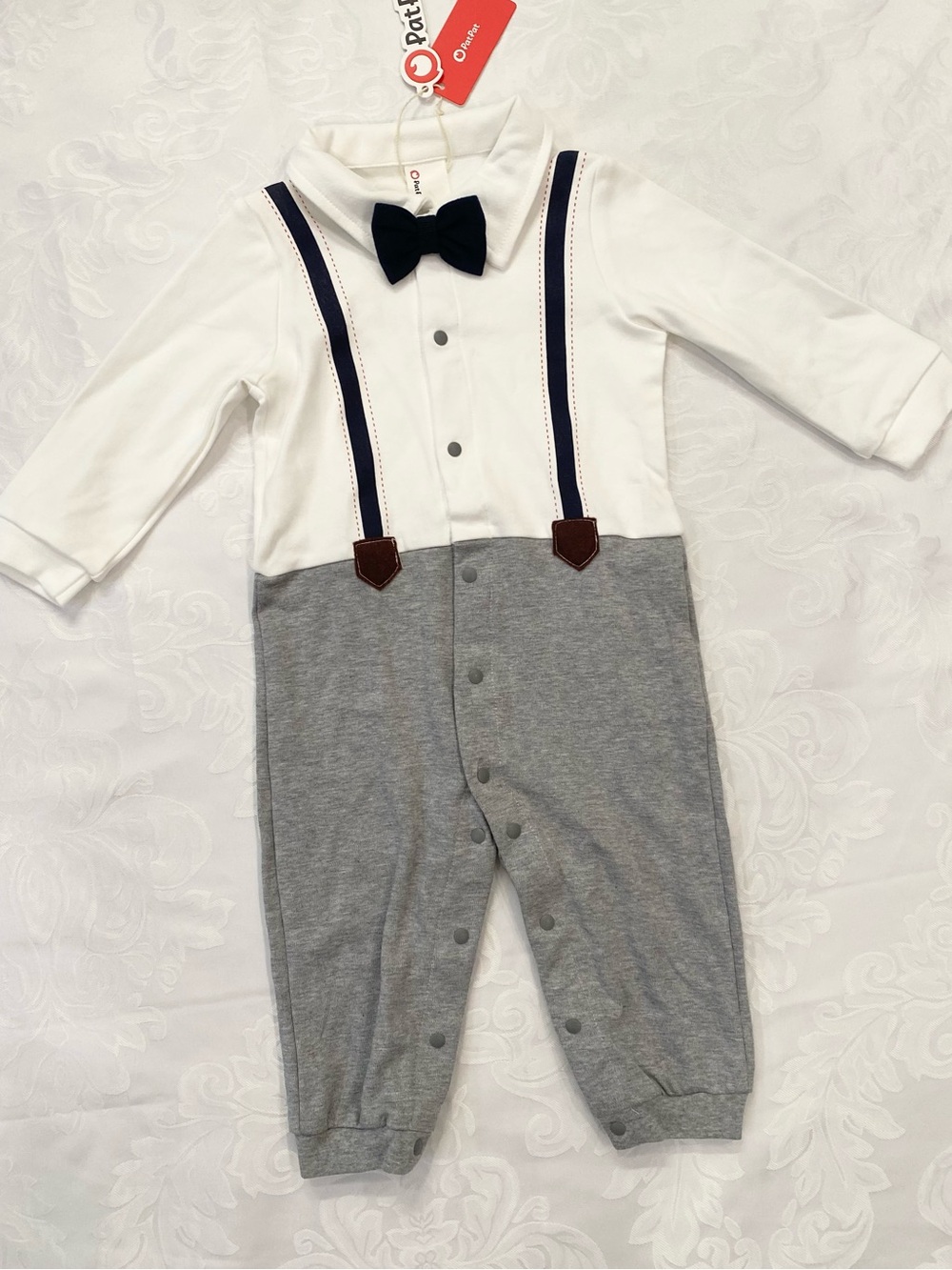 Baby Boys Gender Neutral Long Sleeve Button Bow Tie Romper Jumpsuit, Size 9-12M - Picture 9 of 16